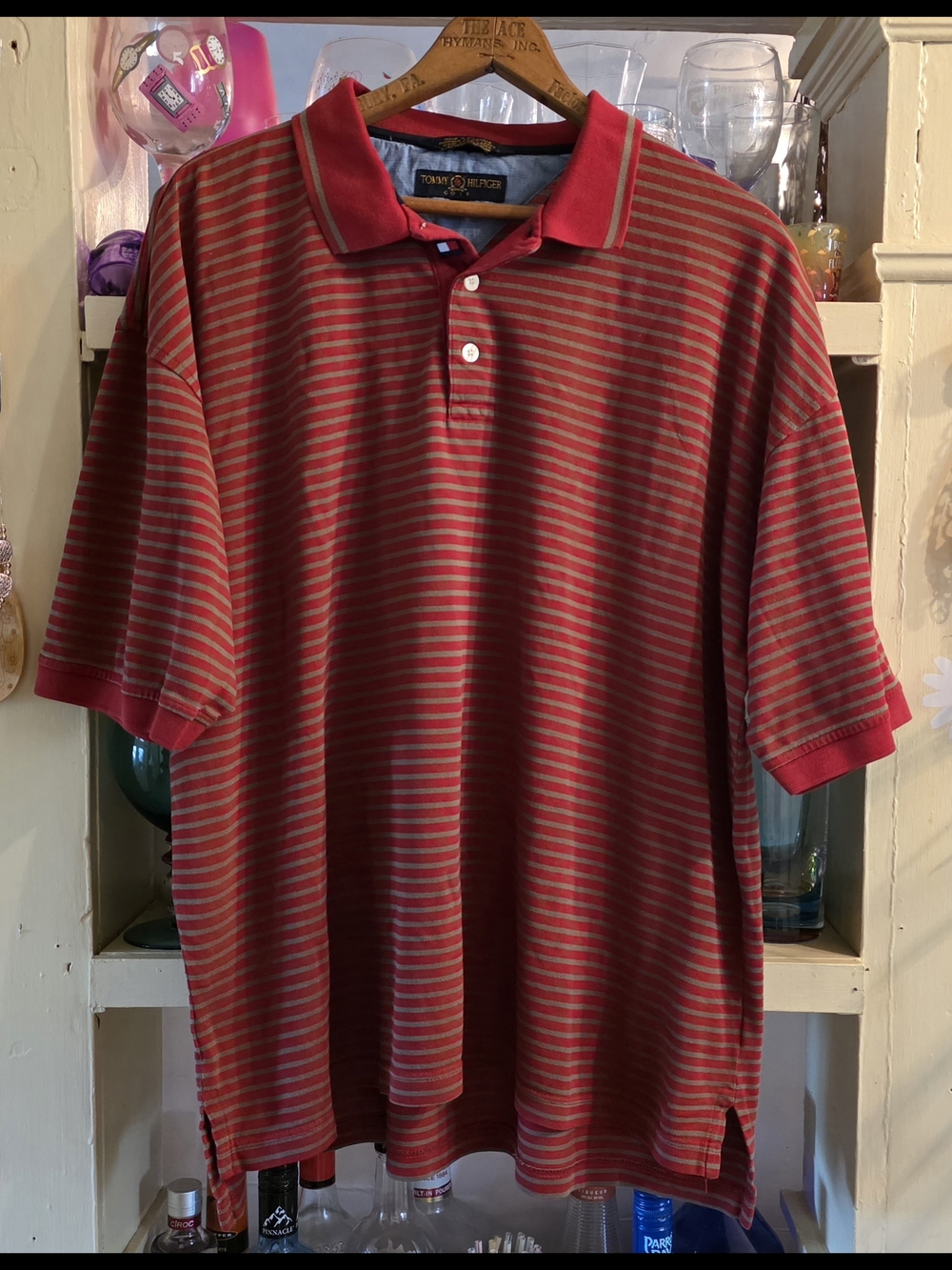 Tommy Hilfiger Men's Vintage 2001 Golf Polo Shirt Large Red Grey Striped EUC